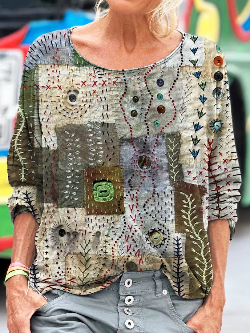 Women's Vintage Patchwork Art Print Casual Long Sleeve T-shirt - Image 2
