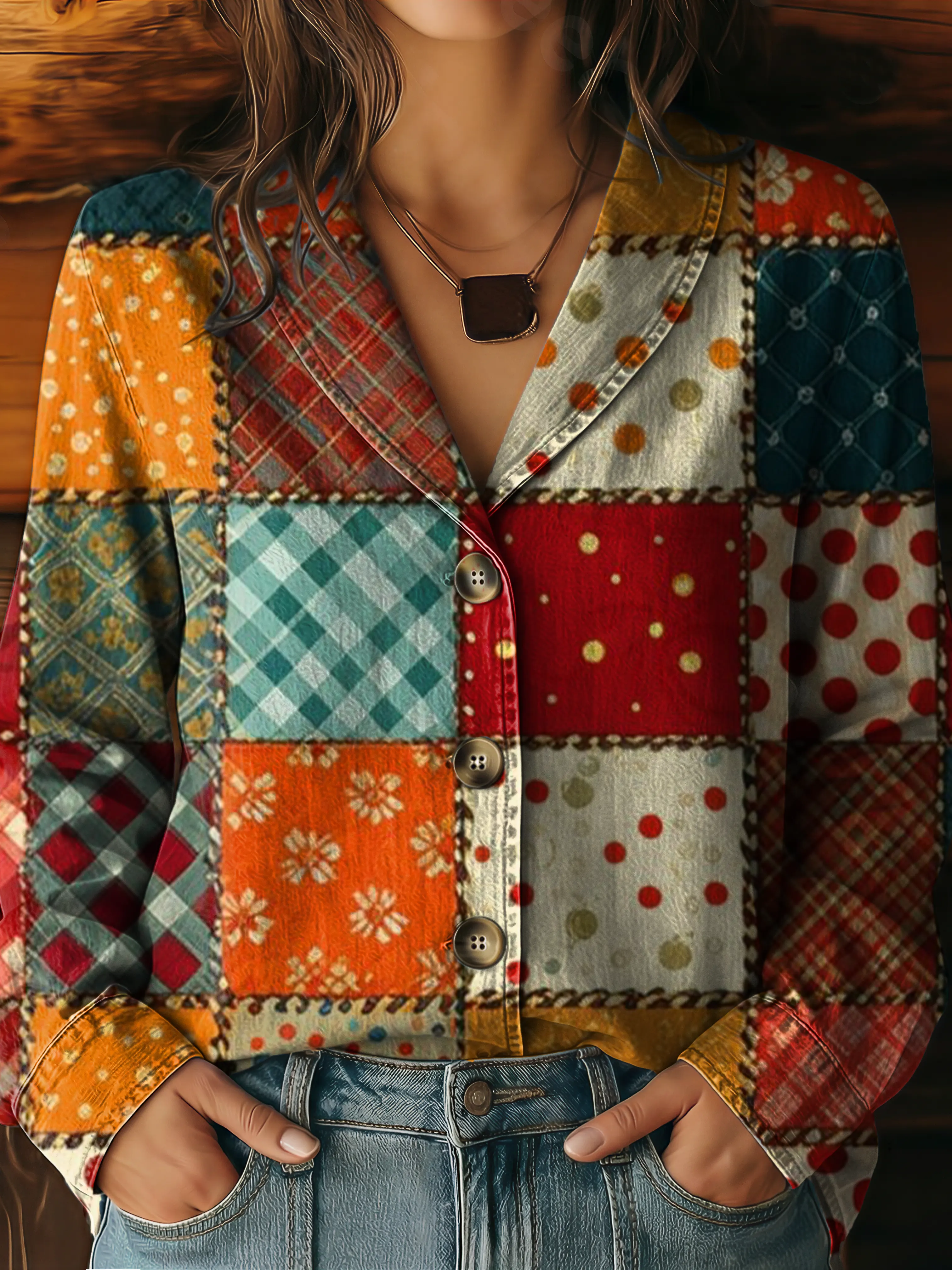 Women's Vintage Patchwork Art Print Lapel Washed Denim Cotton Shirt