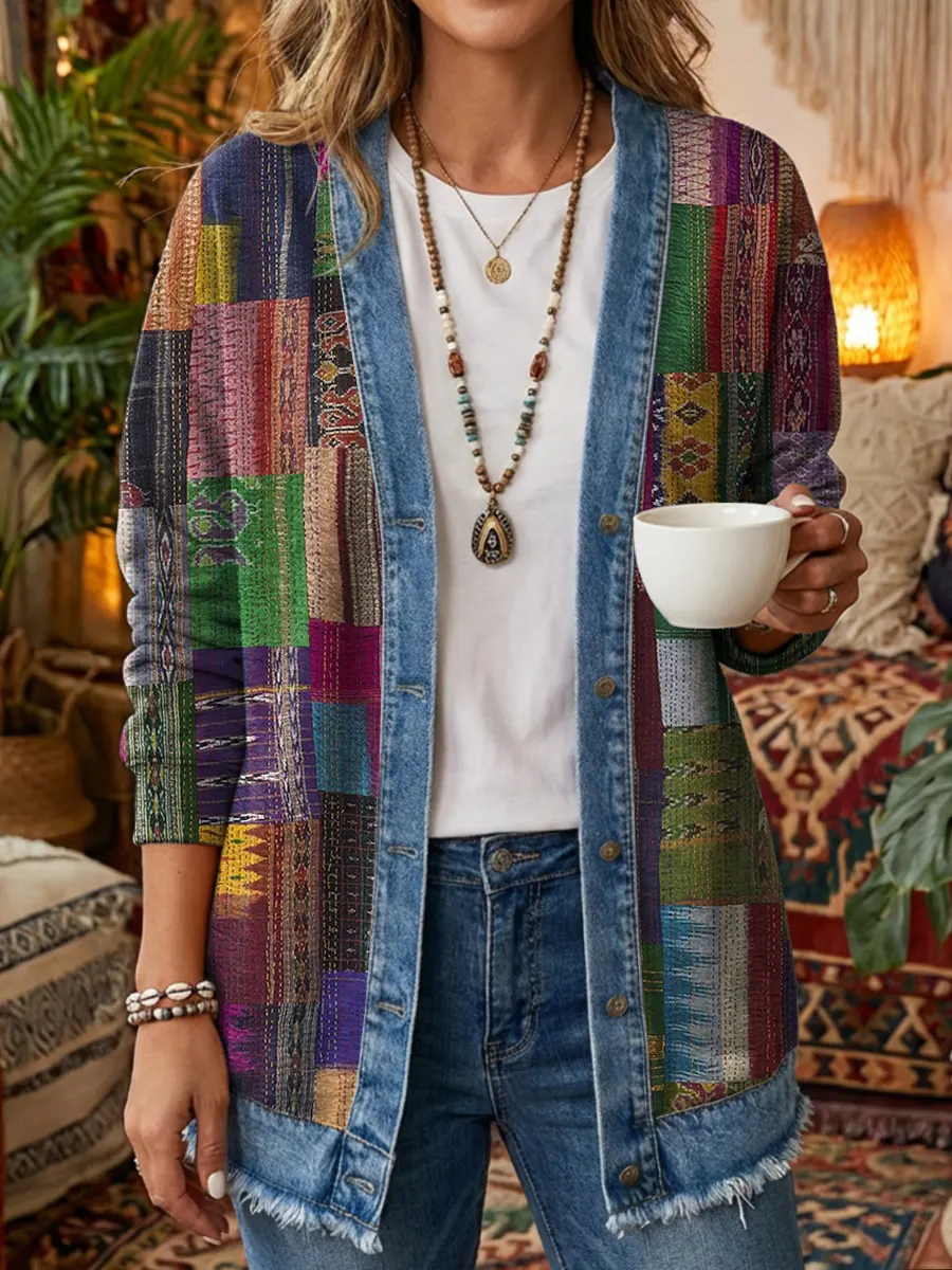 Women's Vintage Patchwork Pattern Art Print Casual Long-sleeve Shirt Jacket