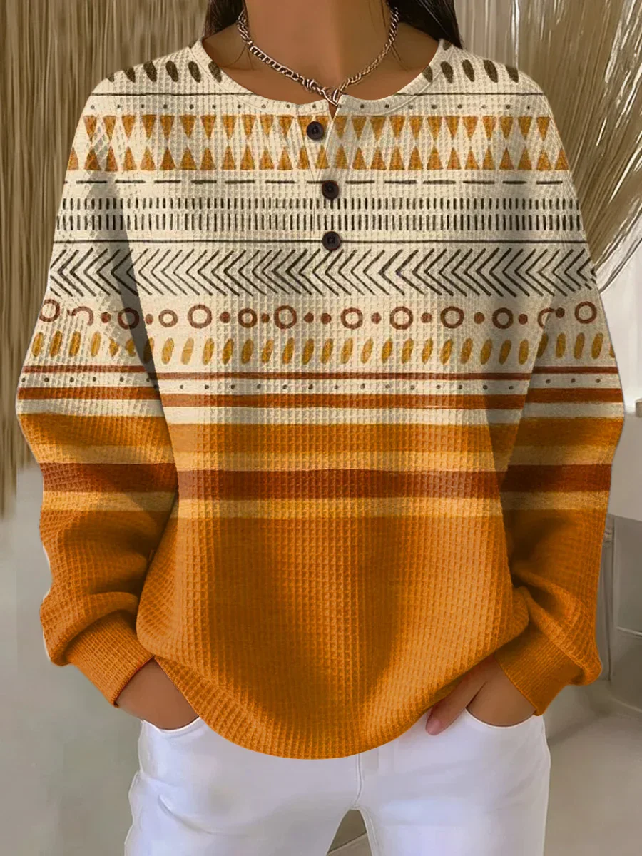 Women's Vintage Pattern Art Print Casual Cotton Waffle Sweatshirt