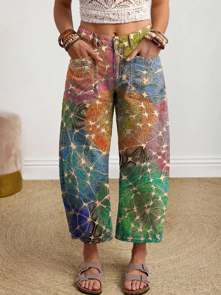 Women's Vintage-patterned Art Print Denim Jeans