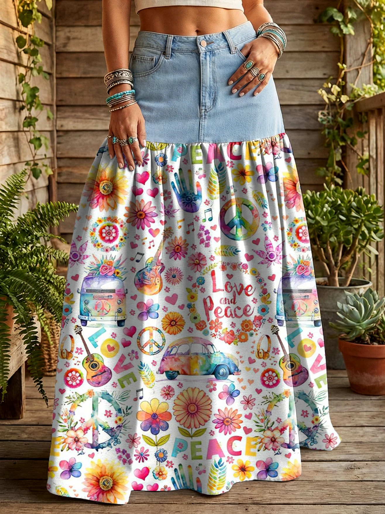 Women's Vintage Peace Love Floral Hippie Art Printed Casual Denim Patchwork Half Skirt