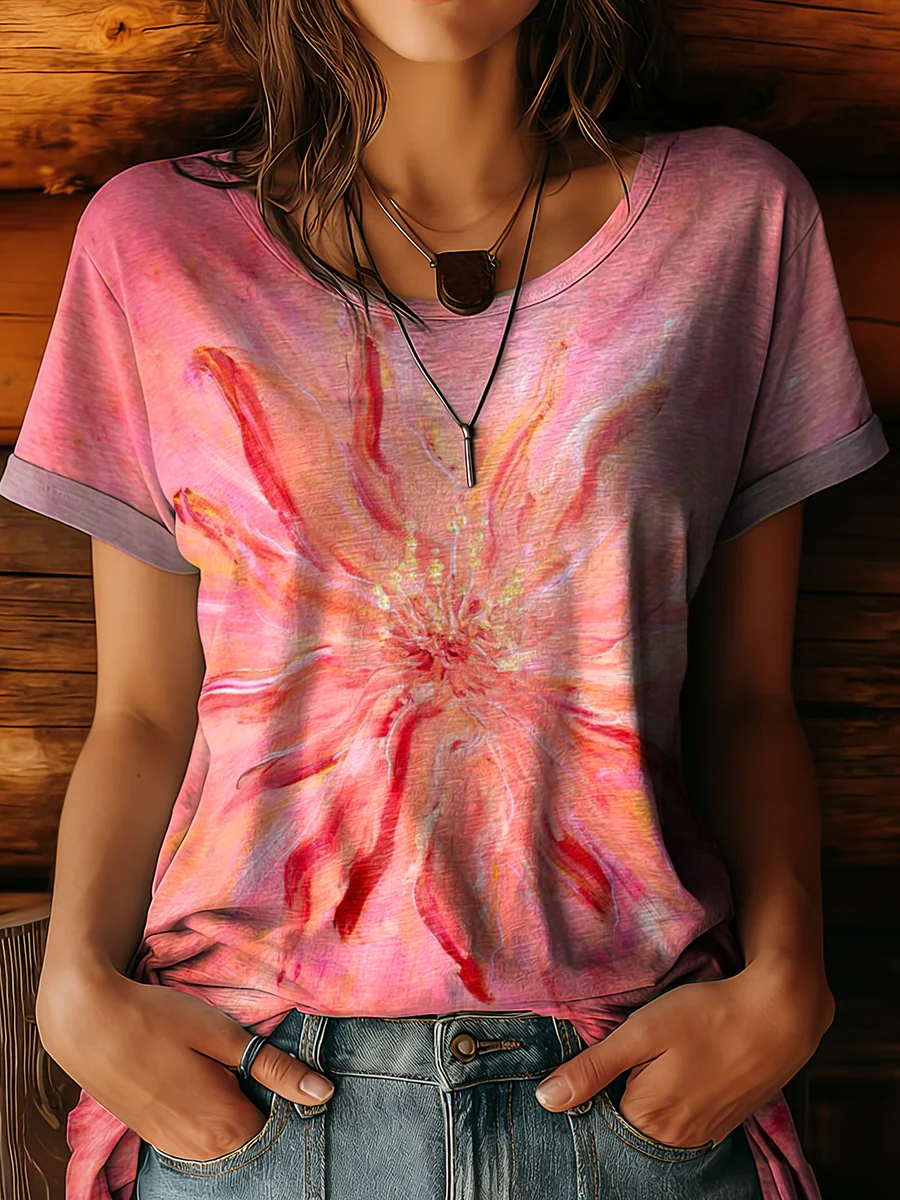 Women's Vintage Pink Floral Art Print Casual Round Neck Short Sleeve Cotton T-shirt