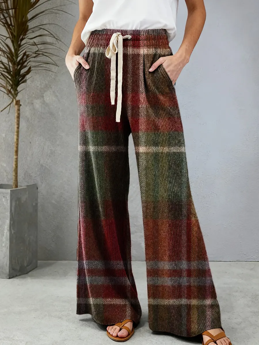Women's Vintage Plaid Art Pattern Print Comfortable Drawstring Knit Trousers