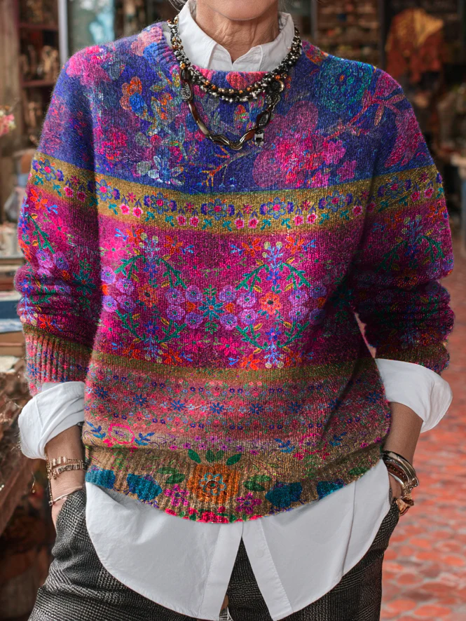 Women's Vintage Purple Boho Flower Art Printed Knit Casual Pullover Sweater