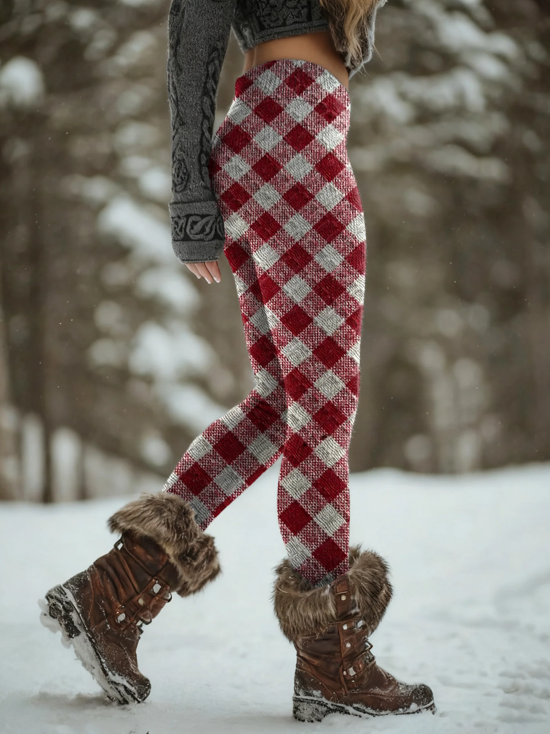 Women's Vintage Red And White Grid Art Print Knit Bottoms
