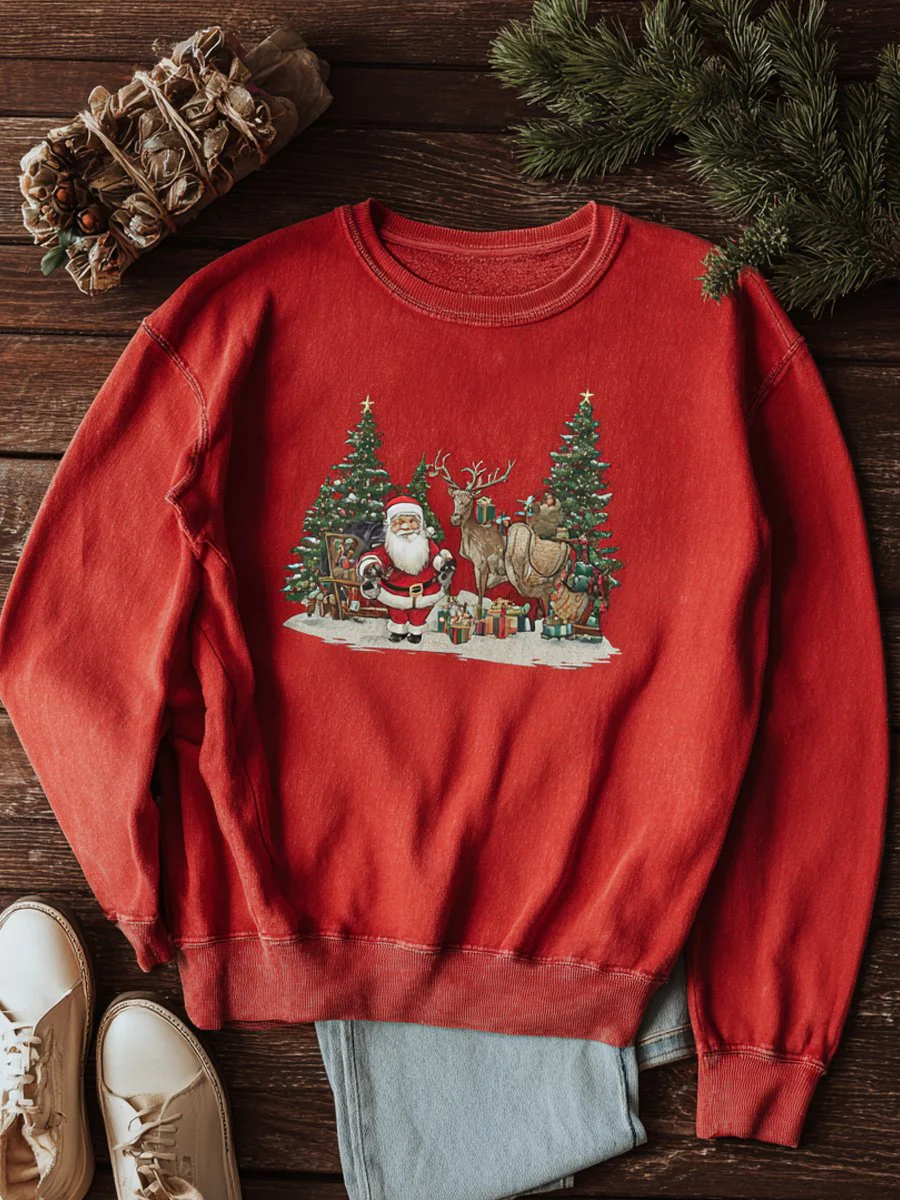 Women's Vintage Western Christmas Gift Elk Santa Sweatshirt