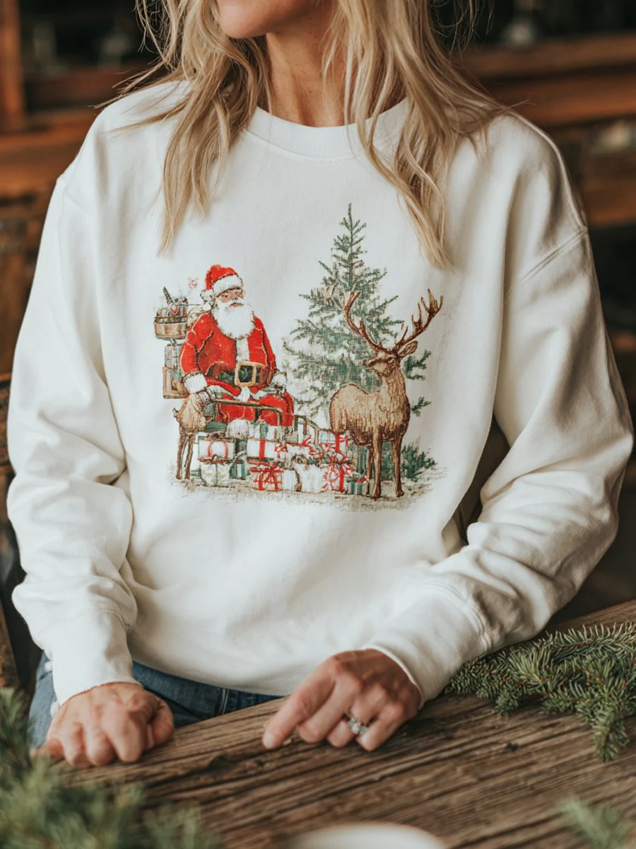 Women's Vintage Western Christmas Gift Elk Santa Sweatshirt