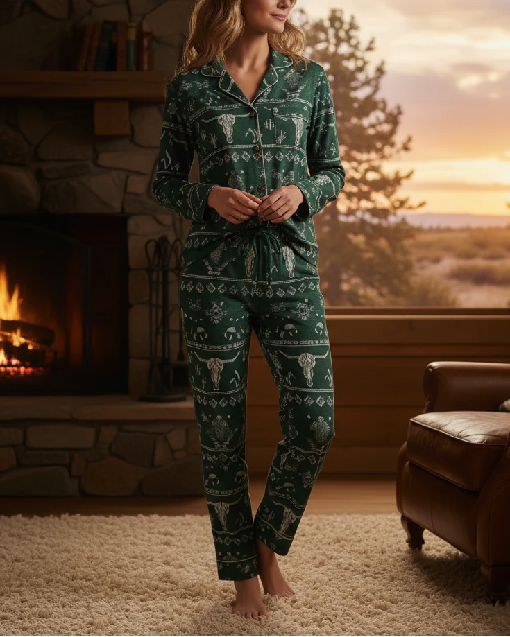Women's Vintage Western Pattern Christmas Long Sleeve Pants Suit - Image 2