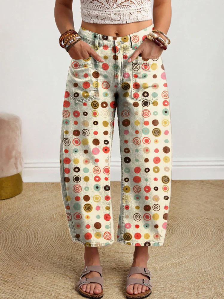 Women's Vintage Yellow Cute Polka Dot Pattern Art Print Leisure Jeans