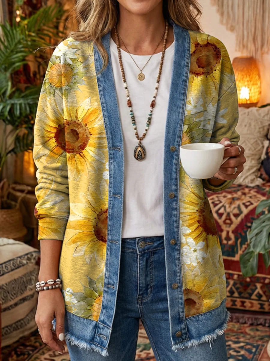 Women's Vintage Yellow Sunflower Art Print Casual Button Denim Patchwork Jacket