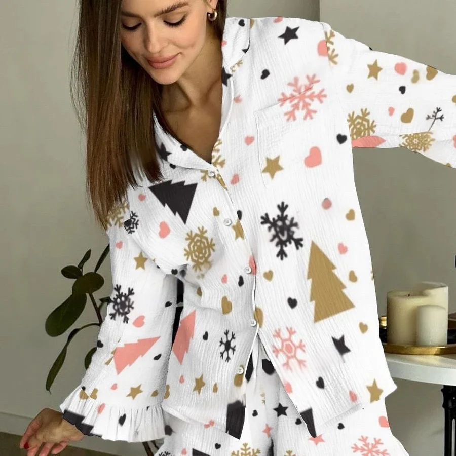 Women's White Christmas Star Vintage Printed Suit