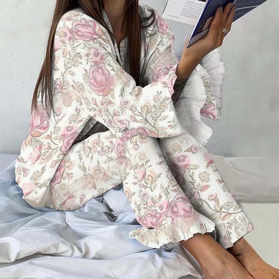 Women's White Pink Floral Ruffled Vintage Printed Suit - Image 2