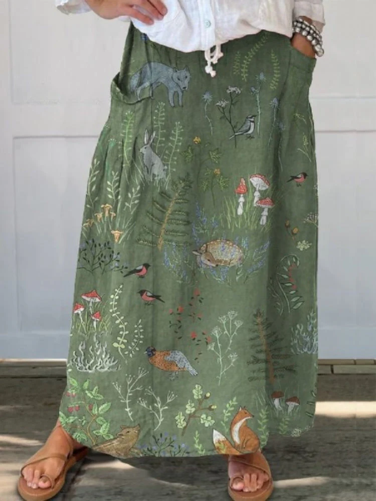 Woodland And Animals Pattern Printed Women's Linen Pocket Skirt - Image 4
