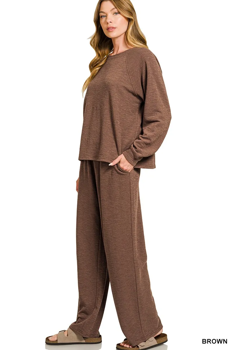 Zenana Slub Long Sleeve Top and Pants Lounge Set - Image 2