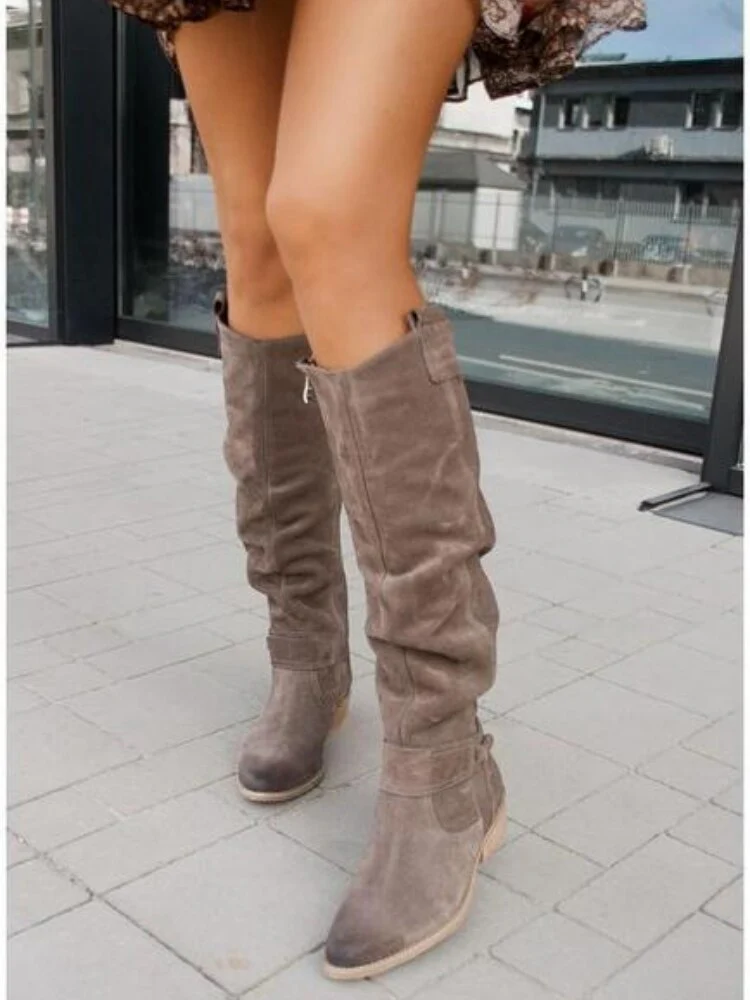 Winter Knee High Boots 2022 New Fashion Retro Woman Booties Low Heel Side Zip Suede Thigh High Women's Boots - Image 8