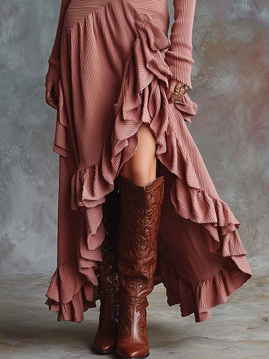 Zipper-Collar Ribbed Asymmetric Ruffle Maxi Dress - Image 3